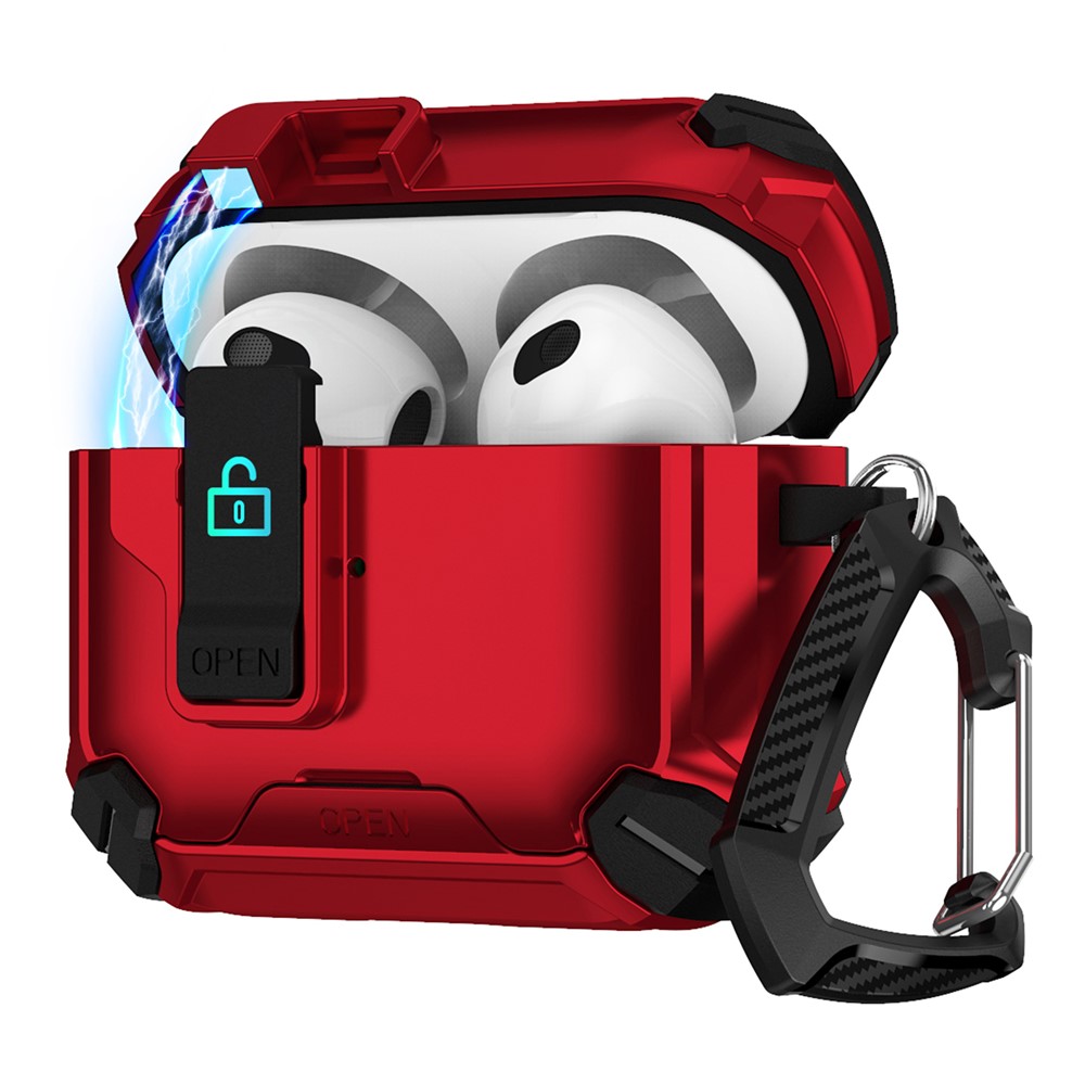 For Apple AirPods 3 Case TPU + PC Compatible with MagSafe Stand Earbuds Cover with Carabiner - Black / Red