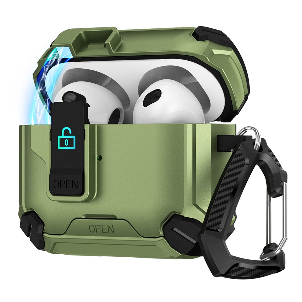 For Apple AirPods 3 Case TPU + PC Compatible with MagSafe Stand Earbuds Cover with Carabiner - Black / Army Green