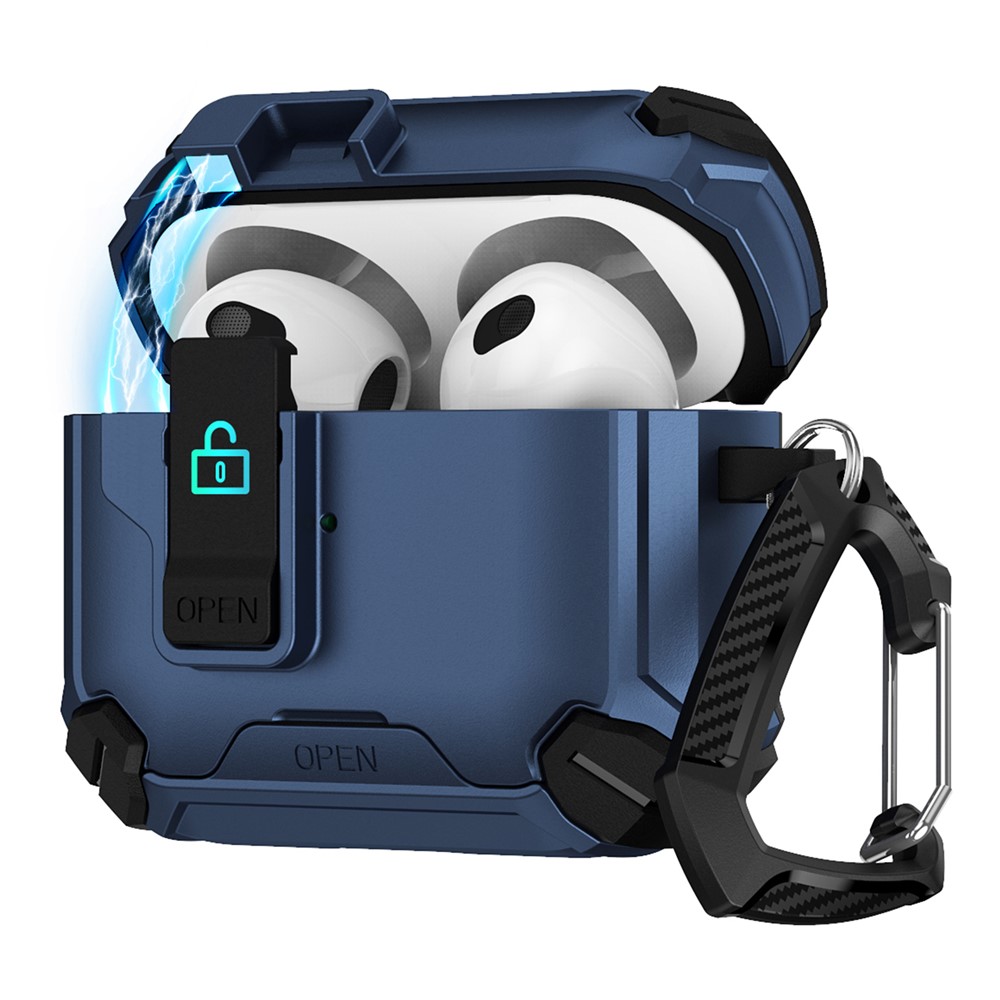 For Apple AirPods 3 Case TPU + PC Compatible with MagSafe Stand Earbuds Cover with Carabiner - Black / Dark Blue