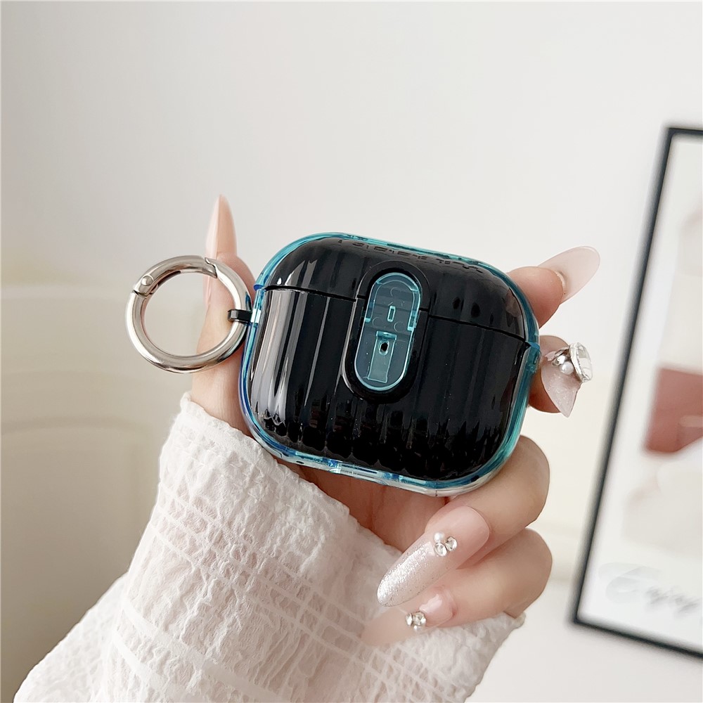 For Apple AirPods 3 Shell Texture Lock Buckle Protective Case PC TPU Earphone Cover - Transparent Blue + Bright Black