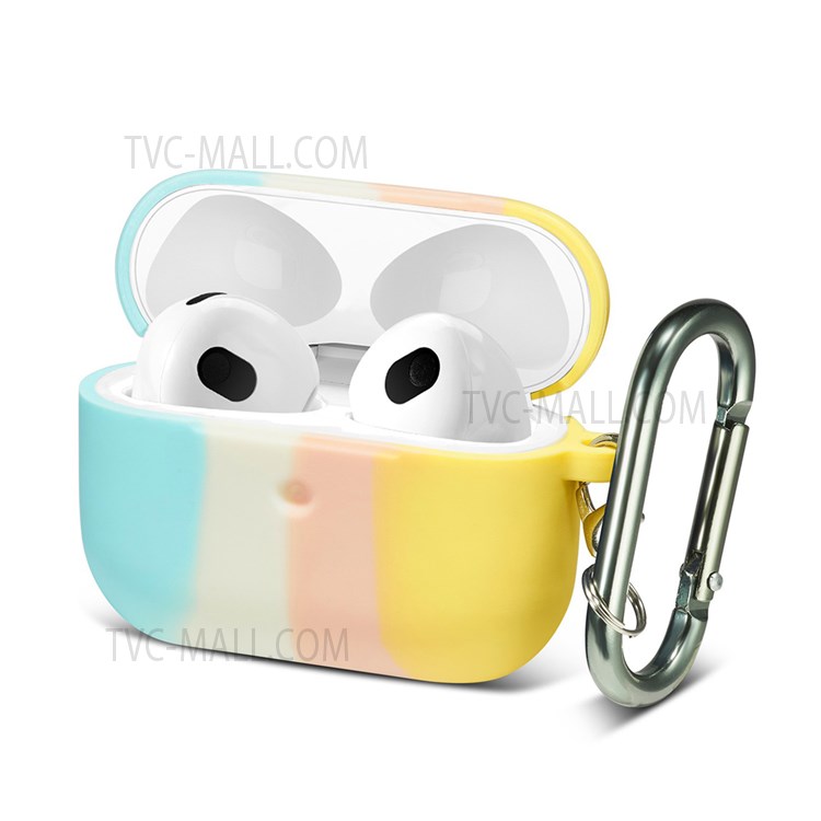 Rainbow Soft Silicone Earphone Protective Case Shell with Carabiner for Airpods 3 - Cyan/Light Yellow-1