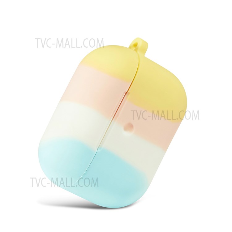 Rainbow Soft Silicone Earphone Protective Case Shell with Carabiner for Airpods 3 - Cyan/Light Yellow-2