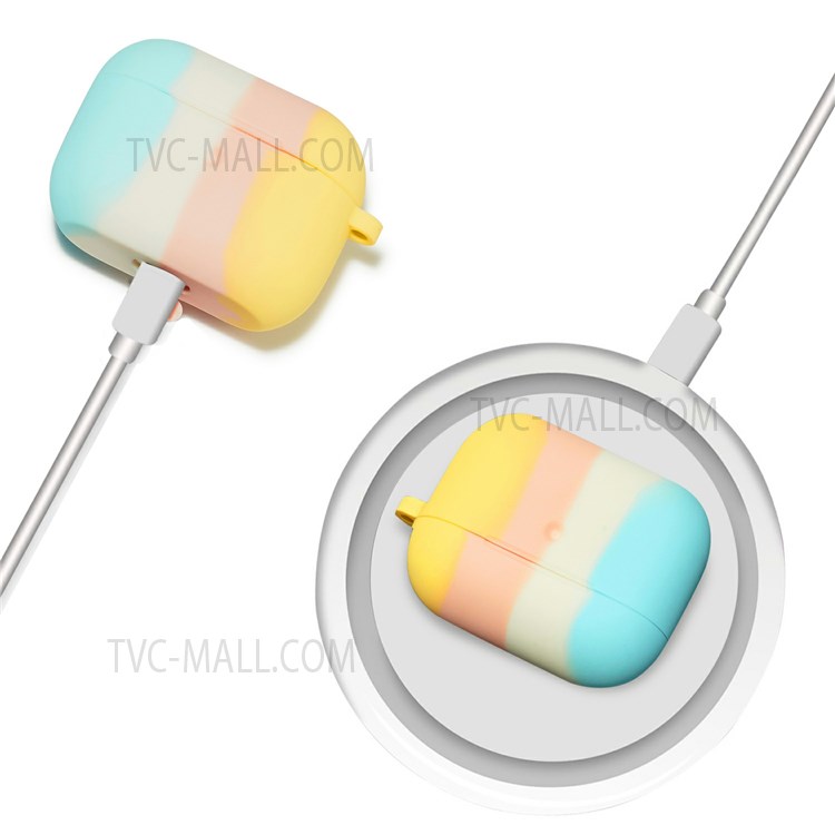 Rainbow Soft Silicone Earphone Protective Case Shell with Carabiner for Airpods 3 - Cyan/Light Yellow-3