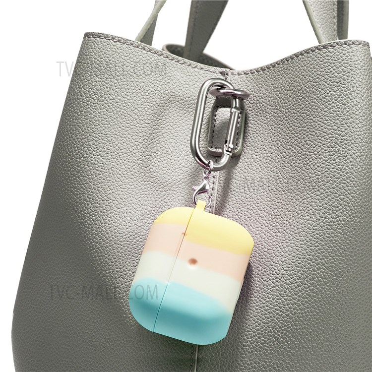 Rainbow Soft Silicone Earphone Protective Case Shell with Carabiner for Airpods 3 - Cyan/Light Yellow-4