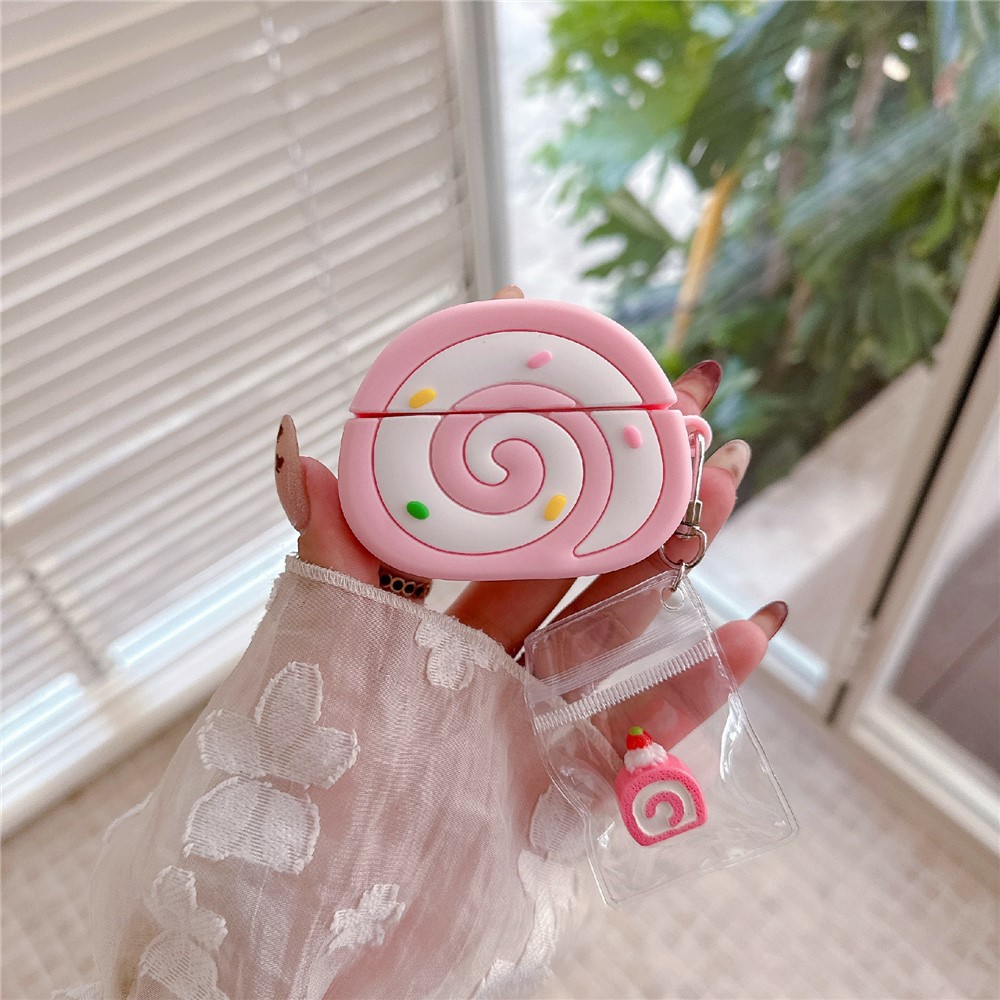 For Apple AirPods Pro 2 / AirPods Pro Earphone Cover Pink Swiss Roll Shape PVC Protective Case with Pendant
