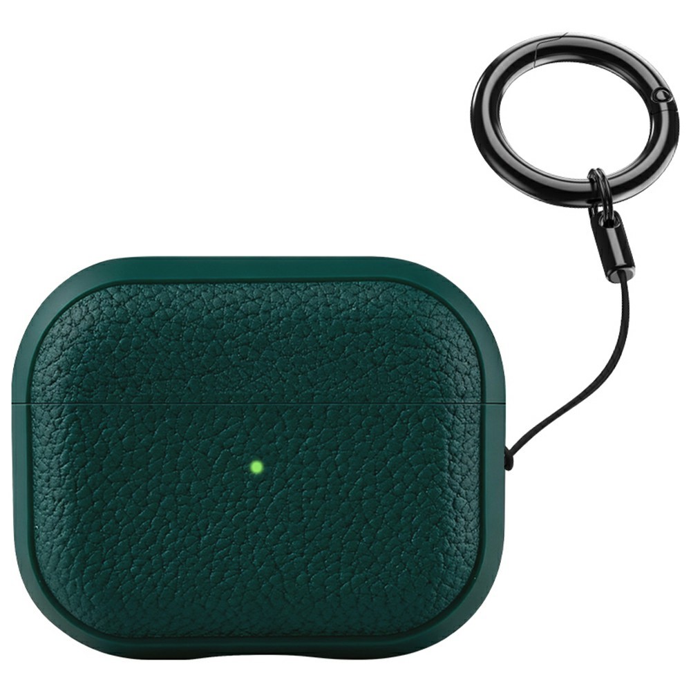 Bulk Purchasing For Apple AirPods 3 Case Faux Leather Textured TPU Earbuds Protective Cover with Strap Ring - Blackish Green