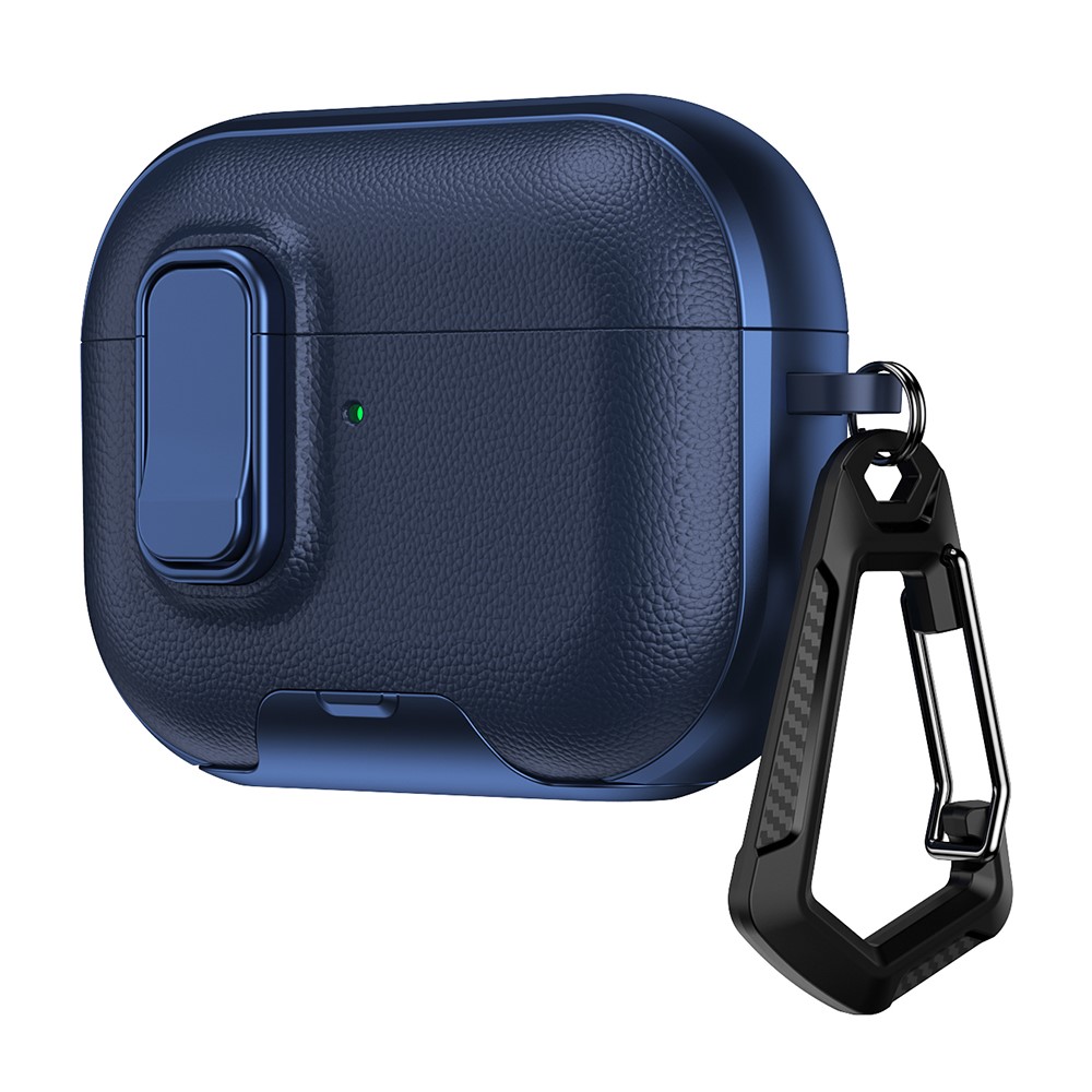 For Apple AirPods Pro Case with Stand Dual Color Texture TPU + PC Earphone Cover with Lock Buckle and Carabiner - Dark Blue