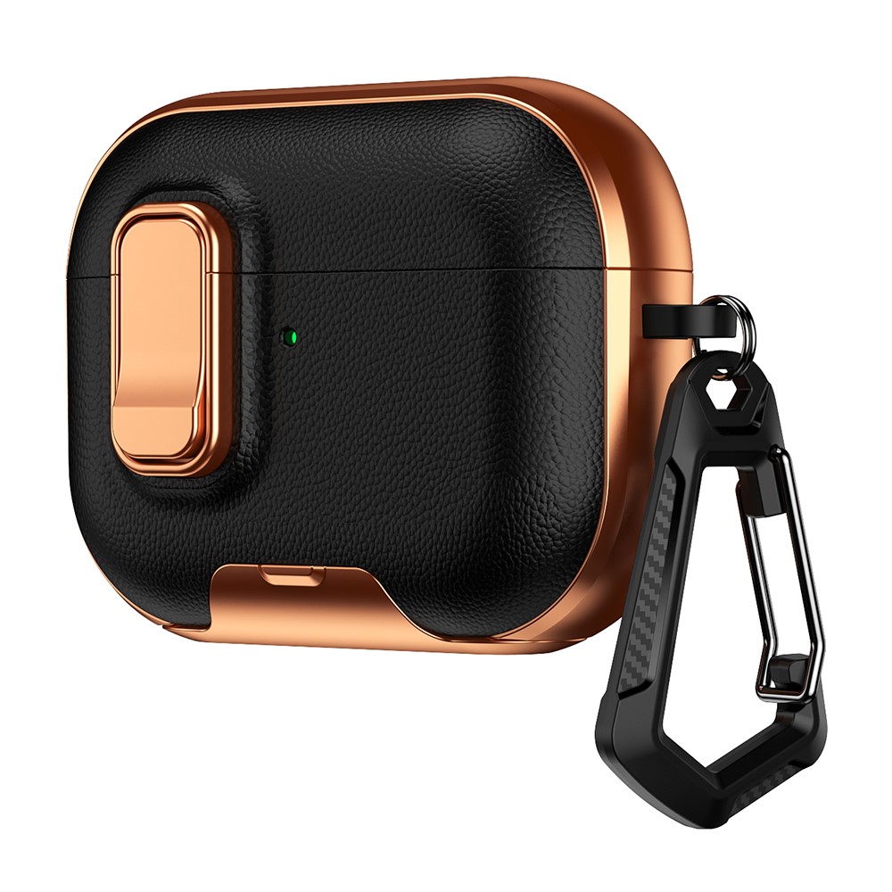 For Apple AirPods Pro Case with Stand Dual Color Texture TPU + PC Earphone Cover with Lock Buckle and Carabiner - Black Gold