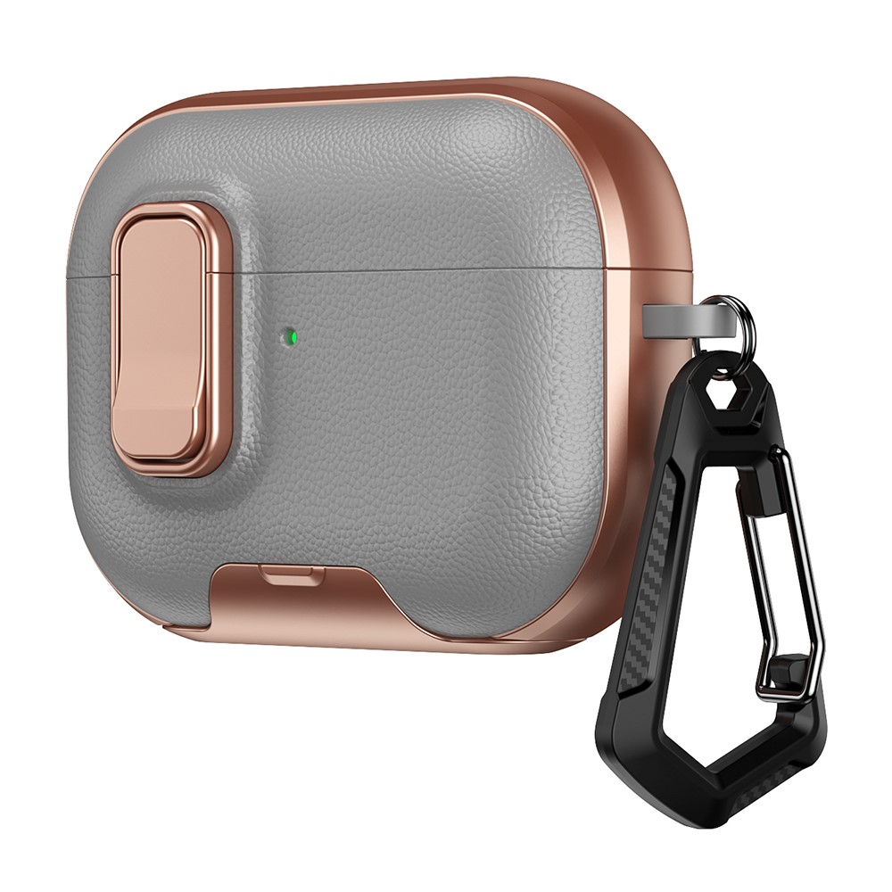For Apple AirPods Pro Case with Stand Dual Color Texture TPU + PC Earphone Cover with Lock Buckle and Carabiner - Grey Gold