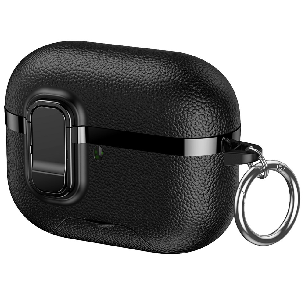 For AirPods Pro Case Foldable Stand Electroplated Litchi Texture TPU PC Earbuds Cover with Switch / Carabiner - Black