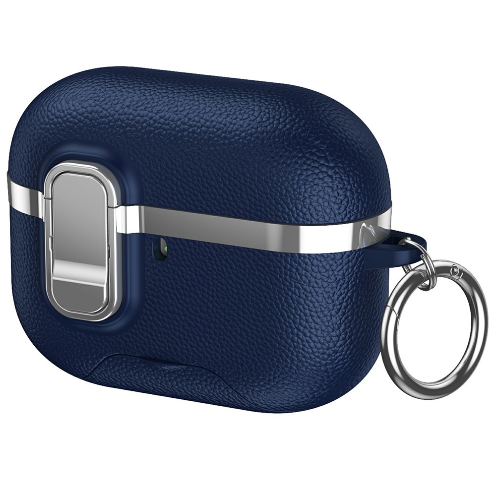 For AirPods Pro Case Foldable Stand Electroplated Litchi Texture TPU PC Earbuds Cover with Switch  /  Carabiner - Blue