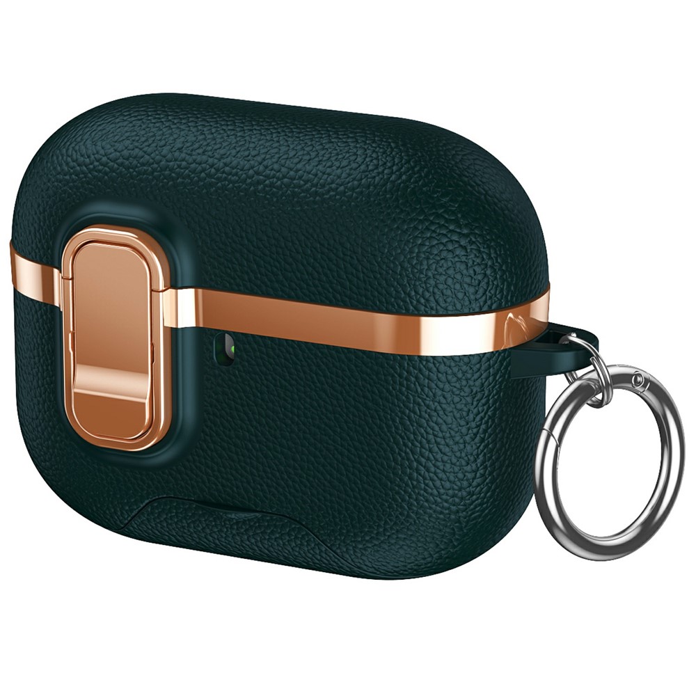 For AirPods Pro Case Foldable Stand Electroplated Litchi Texture TPU PC Earbuds Cover with Switch / Carabiner - Dark Green