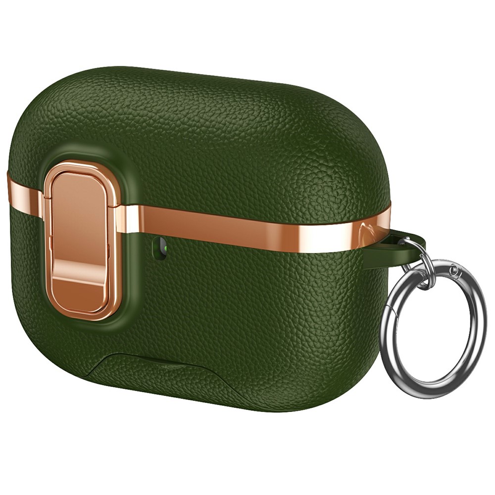 For AirPods Pro Case Foldable Stand Electroplated Litchi Texture TPU PC Earbuds Cover with Switch  /  Carabiner - Green
