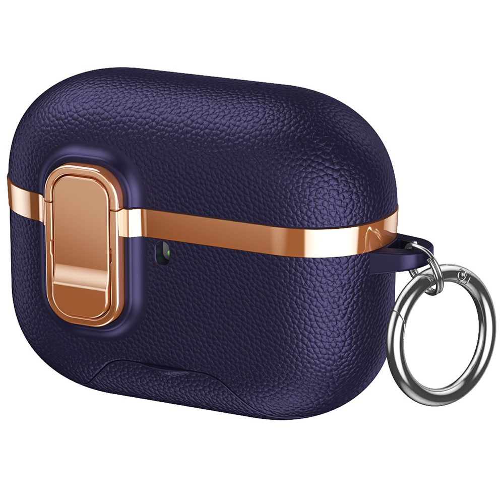 For AirPods Pro Case Foldable Stand Electroplated Litchi Texture TPU PC Earbuds Cover with Switch / Carabiner - Purple