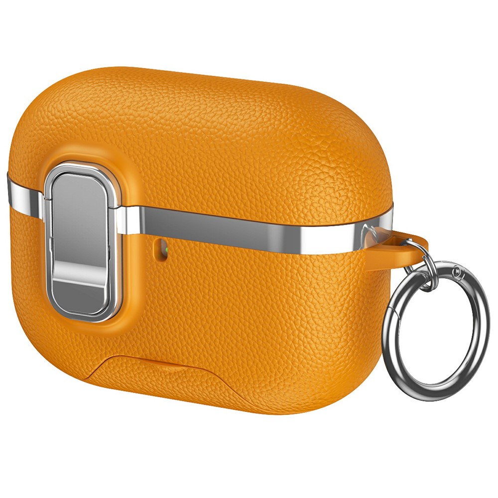 For AirPods Pro Case Foldable Stand Electroplated Litchi Texture TPU PC Earbuds Cover with Switch / Carabiner - Yellow