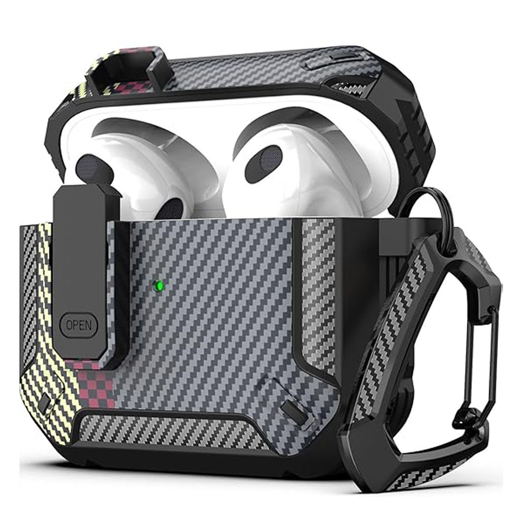 For Apple AirPods 3 Earphones Case Contrast Color Shockproof TPU Earbuds Cover with Carabiner - Black Carbon Fiber