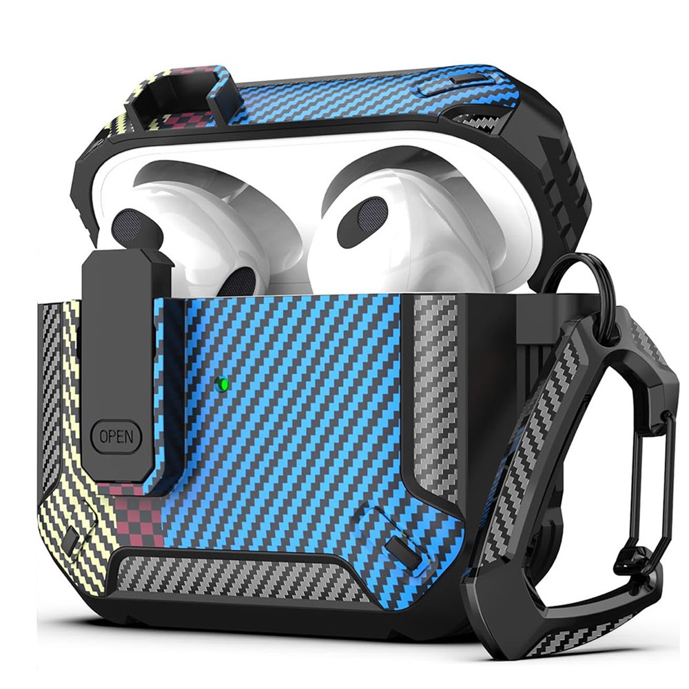 For Apple AirPods 3 Earphones Case Contrast Color Shockproof TPU Earbuds Cover with Carabiner - Blue Carbon Fiber