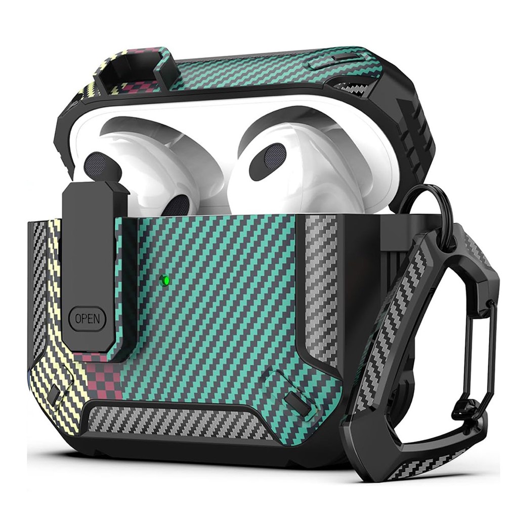 For Apple AirPods 3 Earphones Case Contrast Color Shockproof TPU Earbuds Cover with Carabiner - Green Carbon Fiber