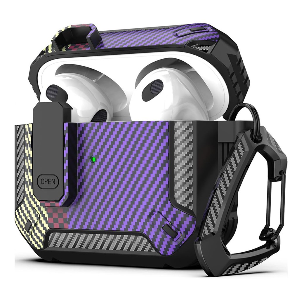 For Apple AirPods 3 Earphones Case Contrast Color Shockproof TPU Earbuds Cover with Carabiner - Purple Carbon Fiber