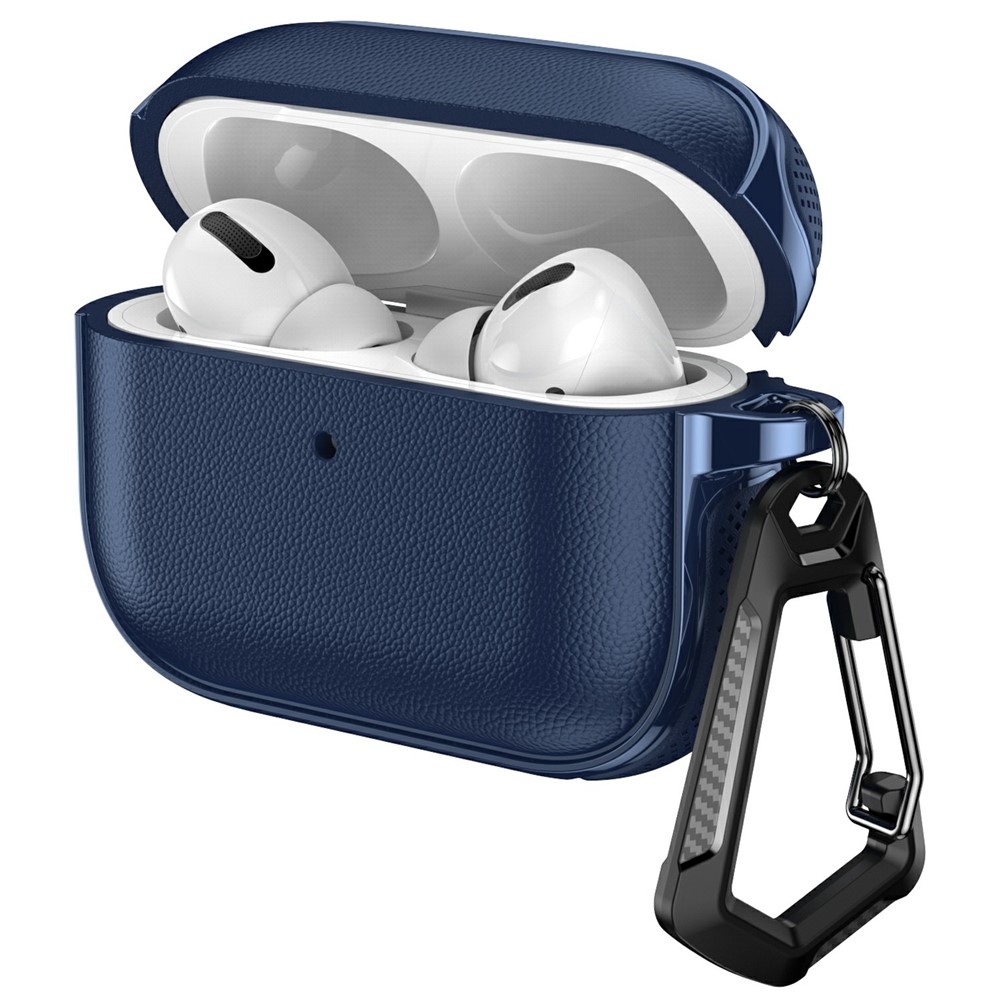 For AirPods 5 / 4 Case Split Design Leather Texture TPU Earphone Cover with Metal Carabiner - Dark Blue