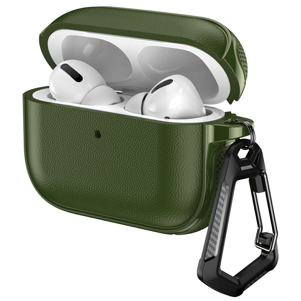 For AirPods 5 / 4 Case Split Design Leather Texture TPU Earphone Cover with Metal Carabiner - Army Green