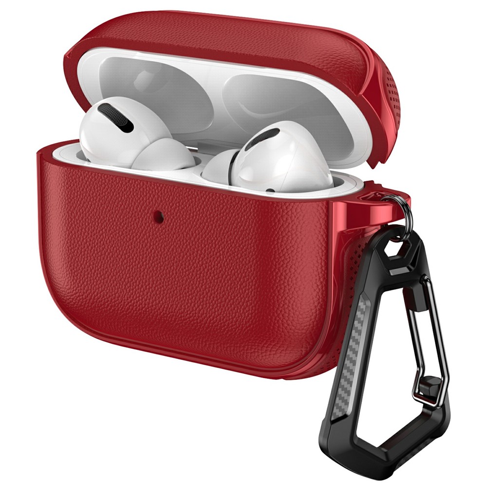 For AirPods 5 / 4 Case Split Design Leather Texture TPU Earphone Cover with Metal Carabiner - Red