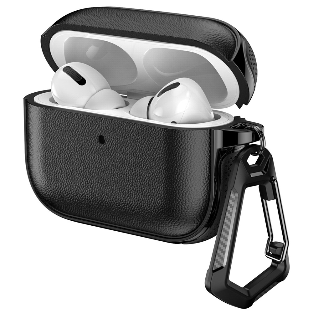For AirPods Pro 2 / AirPods Pro Case Split Design Leather Texture TPU Earphone Cover with Metal Carabiner - Black