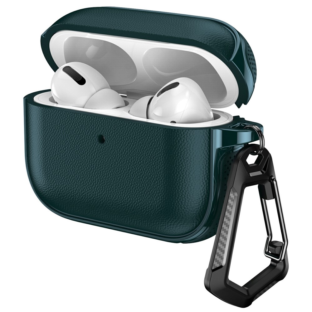 For AirPods Pro 2 / AirPods Pro Case Split Design Leather Texture TPU Earphone Cover with Metal Carabiner - Dark Green