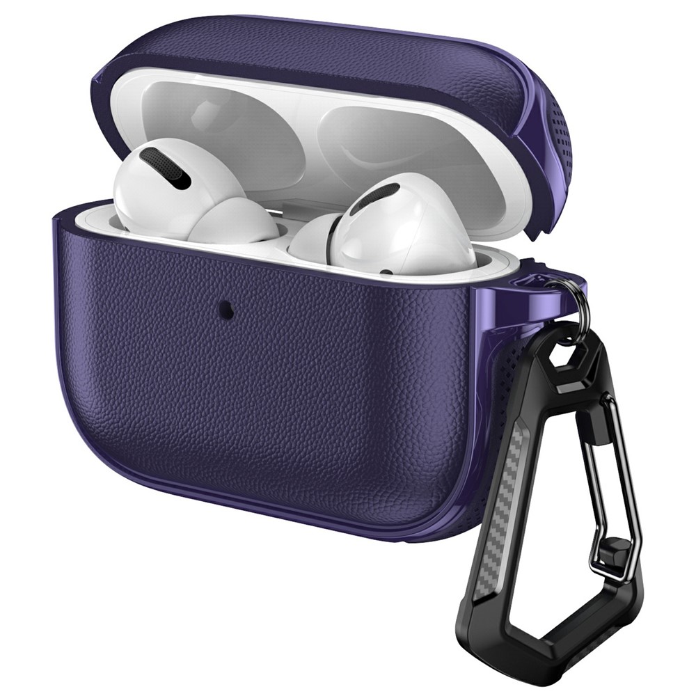 For AirPods Pro 2 / AirPods Pro Case Split Design Leather Texture TPU Earphone Cover with Metal Carabiner - Purple