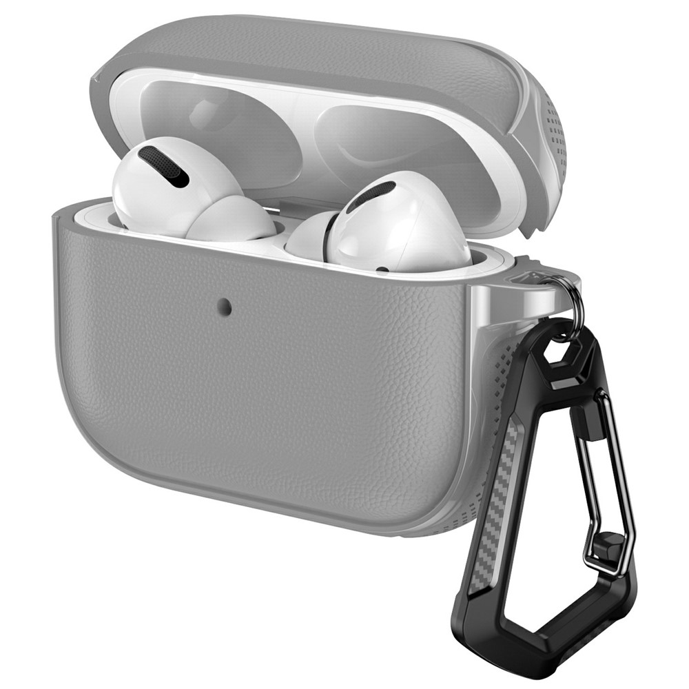 For AirPods Pro 2 / AirPods Pro Case Split Design Leather Texture TPU Earphone Cover with Metal Carabiner - Grey