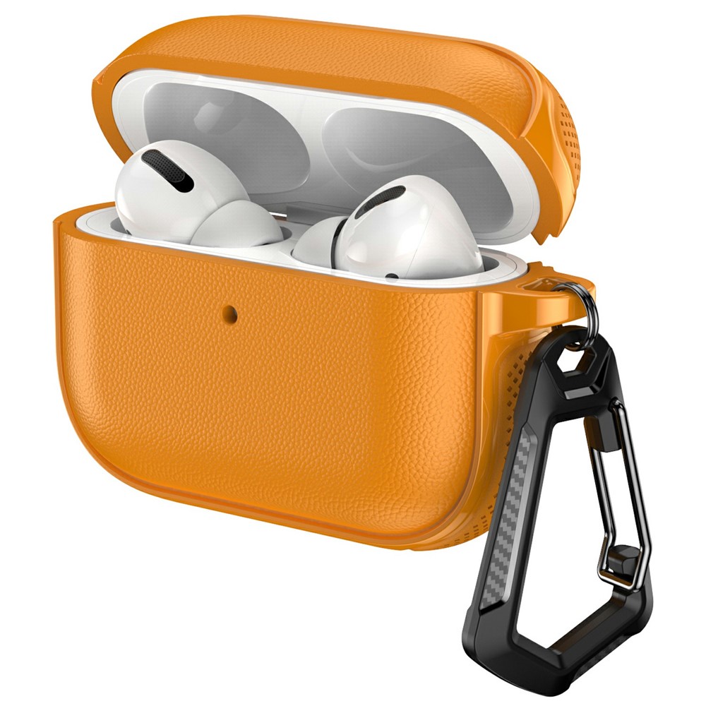 For AirPods Pro 2 / AirPods Pro Case Split Design Leather Texture TPU Earphone Cover with Metal Carabiner - Orange