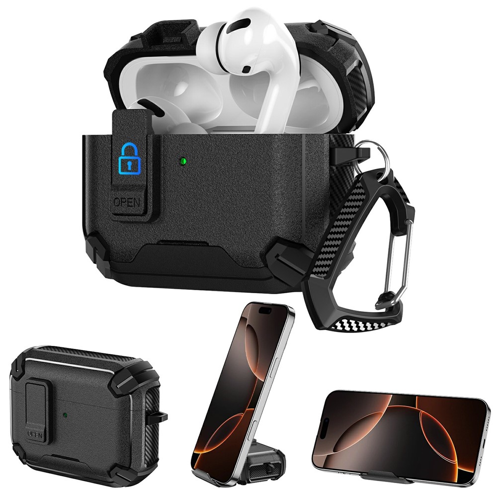 For AirPods 5 / 4 Earphone Case Phone Stand TPU + PC Shockproof Cover with Carabiner - Black