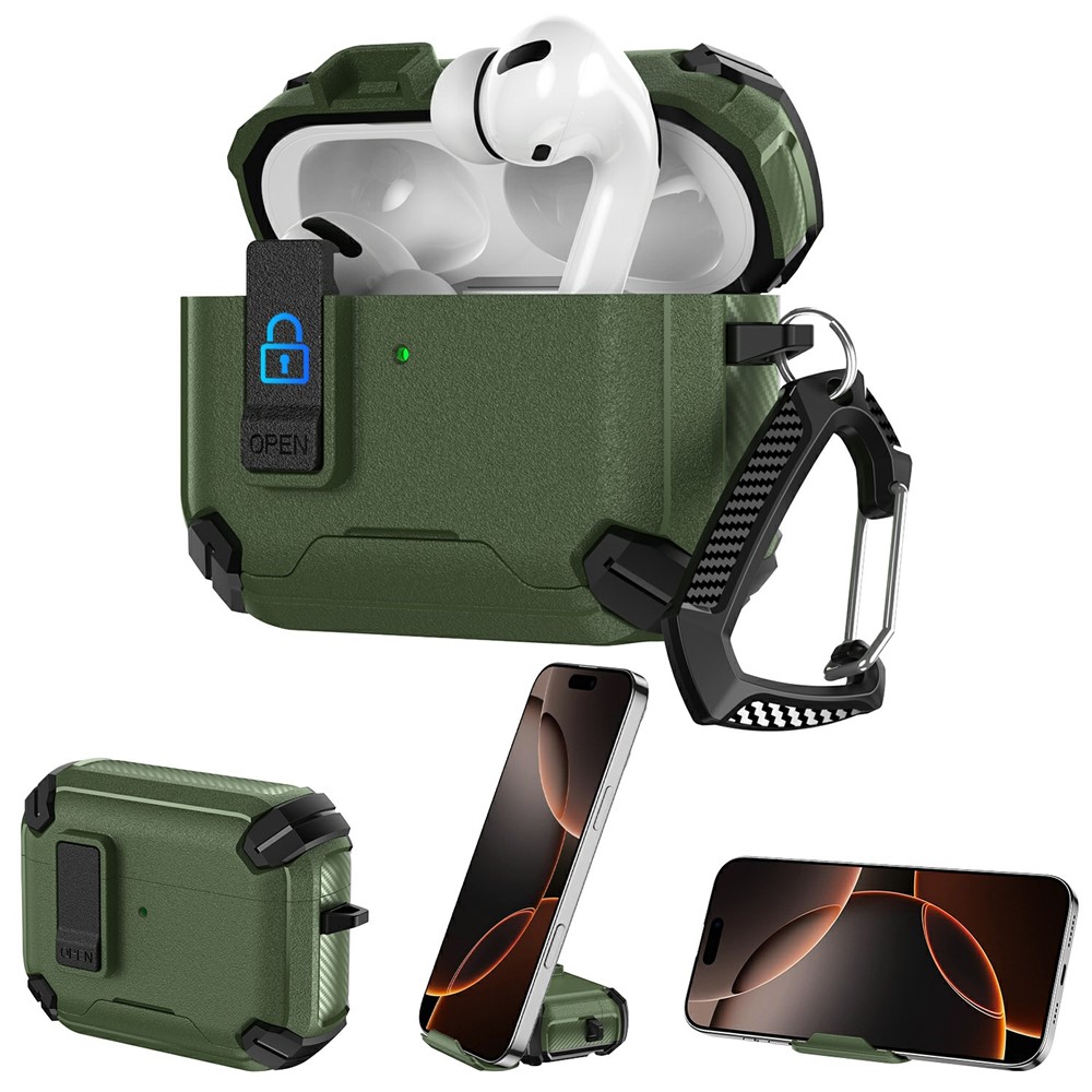 For AirPods 5 / 4 Earphone Case Phone Stand TPU + PC Shockproof Cover with Carabiner - Black / Green