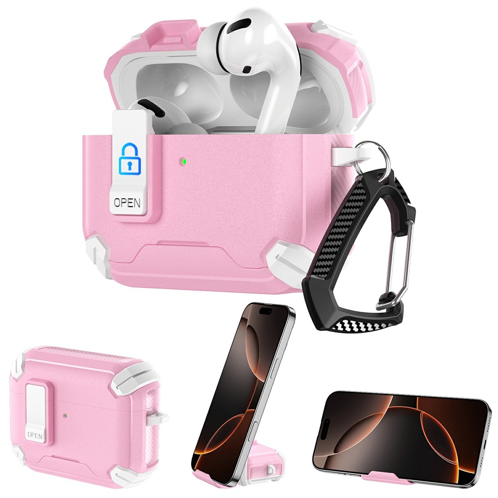 For AirPods 5 / 4 Earphone Case Phone Stand TPU + PC Shockproof Cover with Carabiner - White / Pink