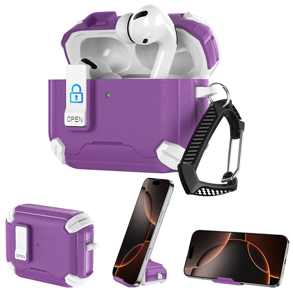 For AirPods 5 / 4 Earphone Case Phone Stand TPU + PC Shockproof Cover with Carabiner - White / Purple