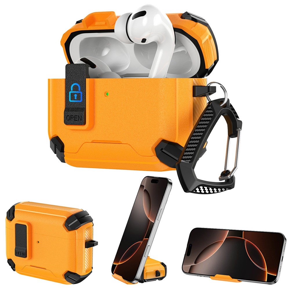 For AirPods 5 / 4 Earphone Case Phone Stand TPU + PC Shockproof Cover with Carabiner - Black / Yellow