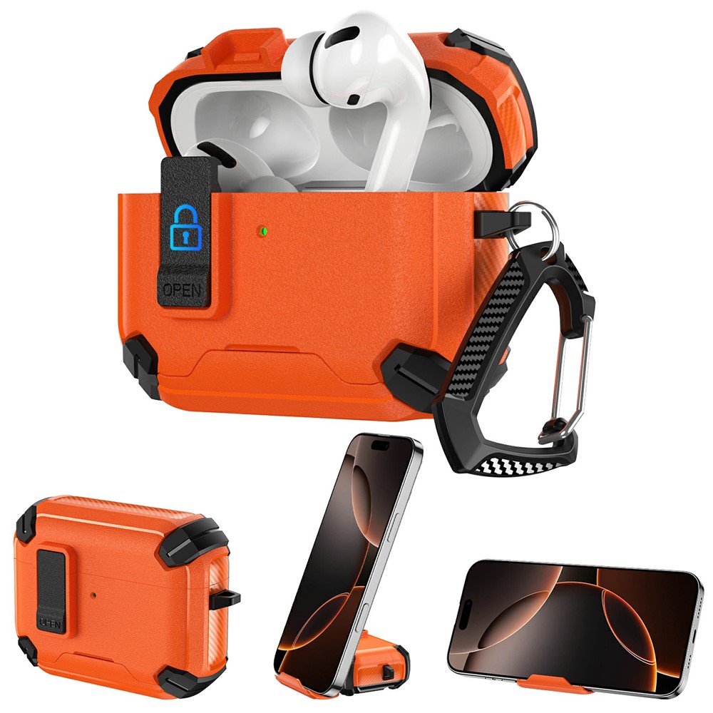For AirPods 5 / 4 Earphone Case Phone Stand TPU + PC Shockproof Cover with Carabiner - Black / Orange