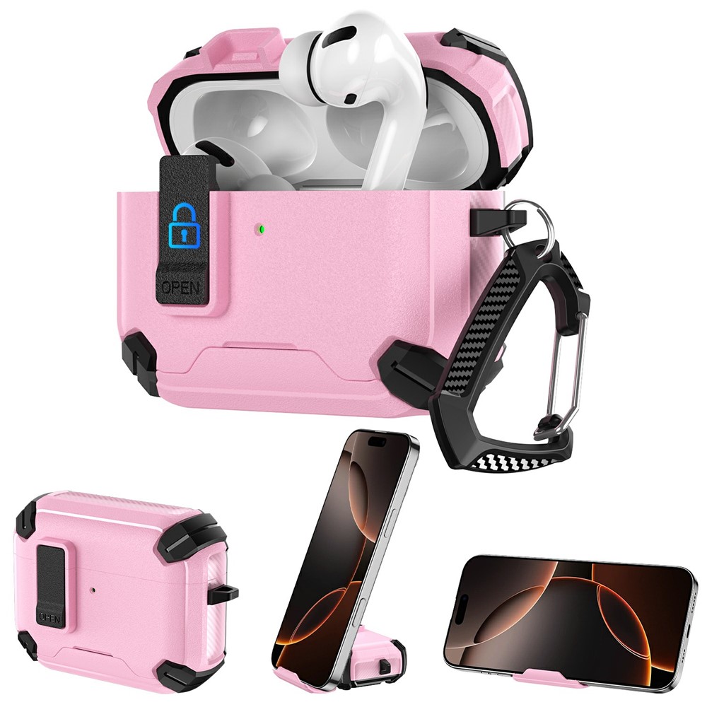 For AirPods 5 / 4 Earphone Case Phone Stand TPU + PC Shockproof Cover with Carabiner - Black / Pink