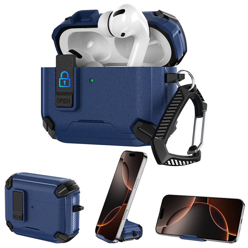 For AirPods 5 / 4 Earphone Case Phone Stand TPU + PC Shockproof Cover with Carabiner - Black / Blue