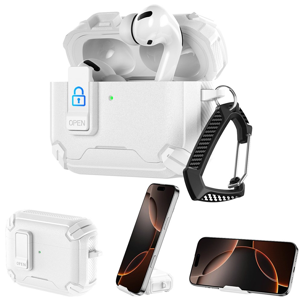 For AirPods Pro 2 / AirPods Pro Earphone Case Phone Stand TPU + PC Shockproof Cover with Carabiner - All White