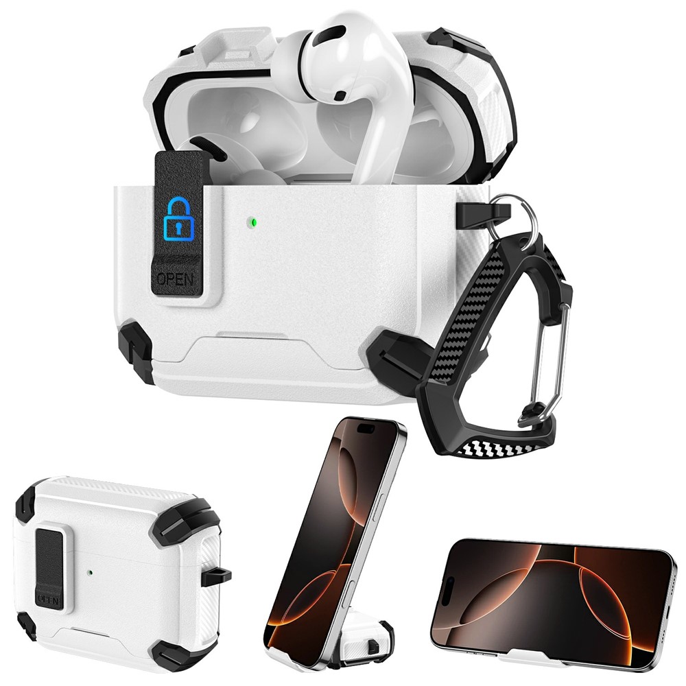 For AirPods Pro 2 / AirPods Pro Earphone Case Phone Stand TPU + PC Shockproof Cover with Carabiner - White / Black