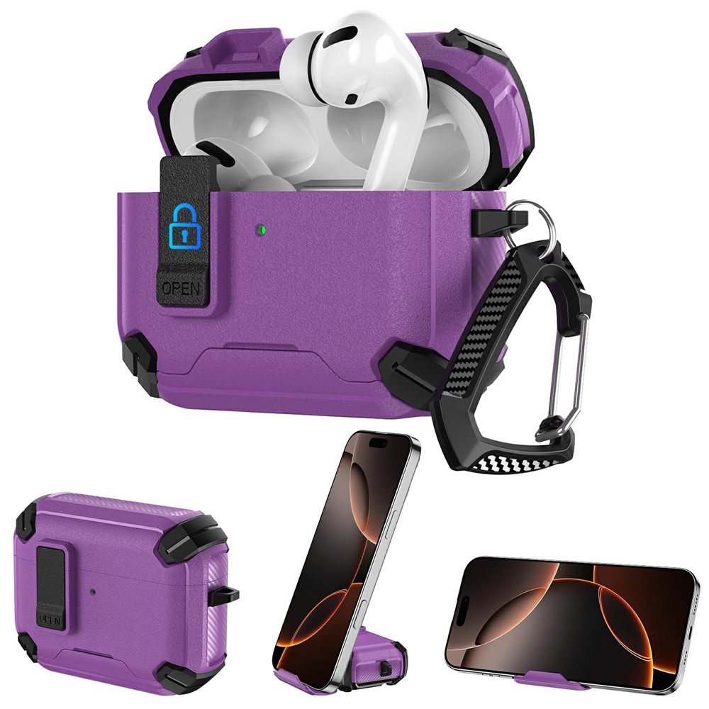 For AirPods Pro 2 / AirPods Pro Earphone Case Phone Stand TPU + PC Shockproof Cover with Carabiner - Black / Purple