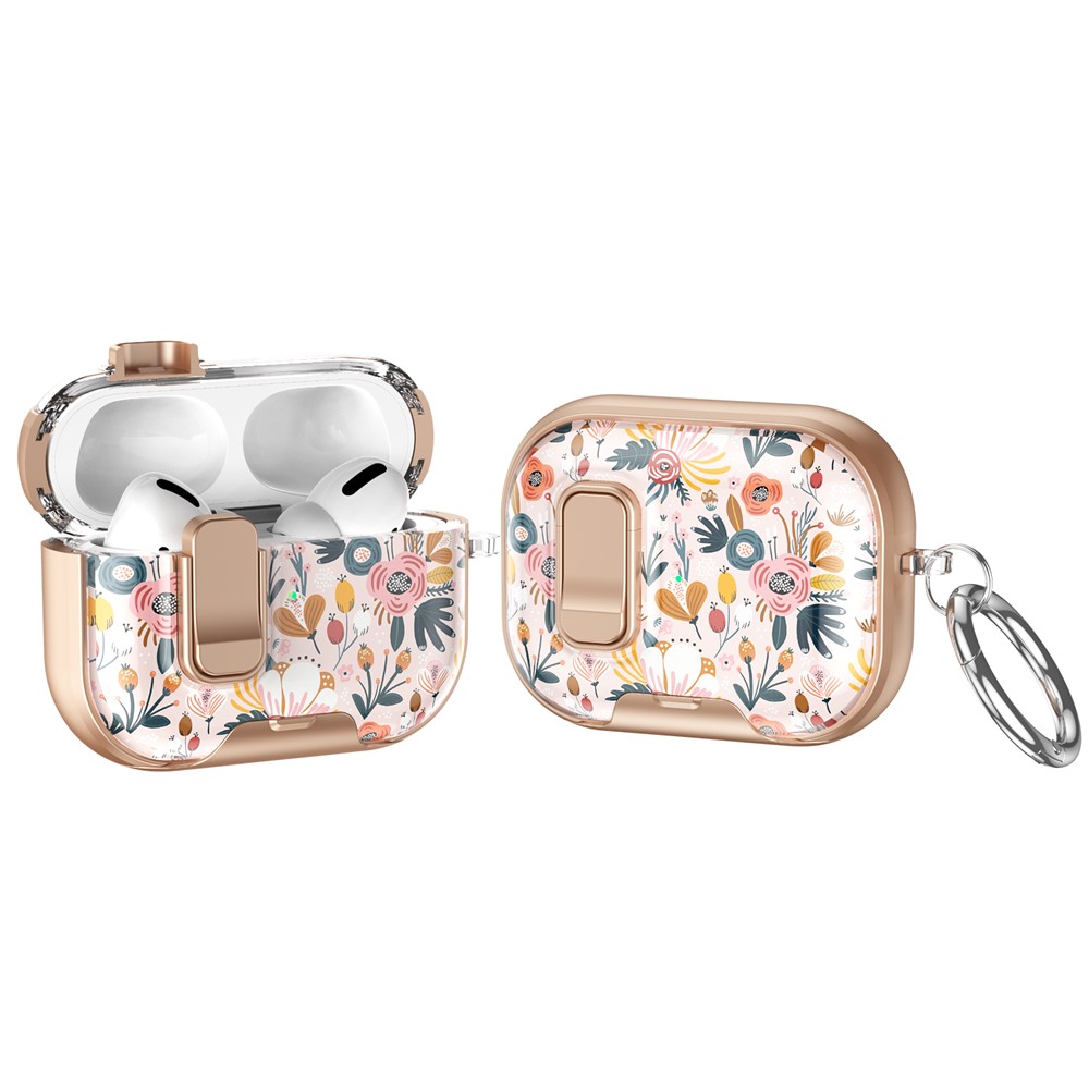 For AirPods Pro 2 Case Phone Stand Lock Design Patttern Print TPU PC Earphone Cover with Metal Carabiner - Colorful Flowers