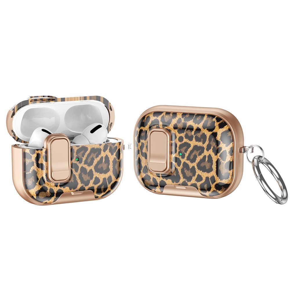 For AirPods Pro 2 Case Phone Stand Lock Design Patttern Print TPU PC Earphone Cover with Metal Carabiner - Leopard Print