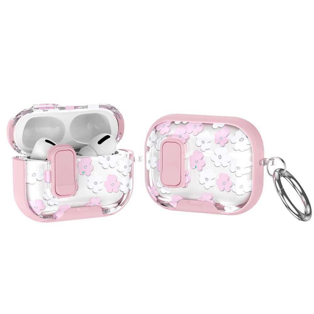 For AirPods Pro 2 Case Phone Stand Lock Design Patttern Print TPU PC Earphone Cover with Metal Carabiner - Pink White Flower