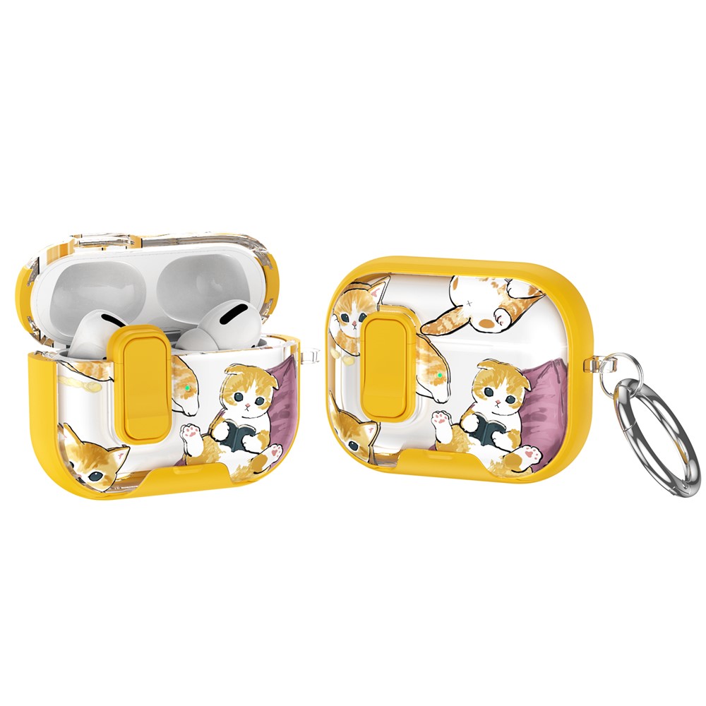 For AirPods Pro 2 Case Phone Stand Lock Design Patttern Print TPU PC Earphone Cover with Metal Carabiner - Cartoon Cat