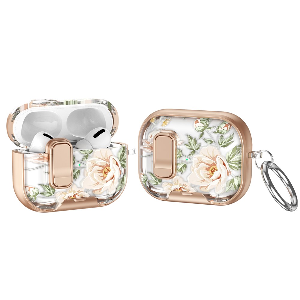 For AirPods Pro 2 Case Phone Stand Lock Design Patttern Print TPU PC Earphone Cover with Metal Carabiner - Transparent Rose