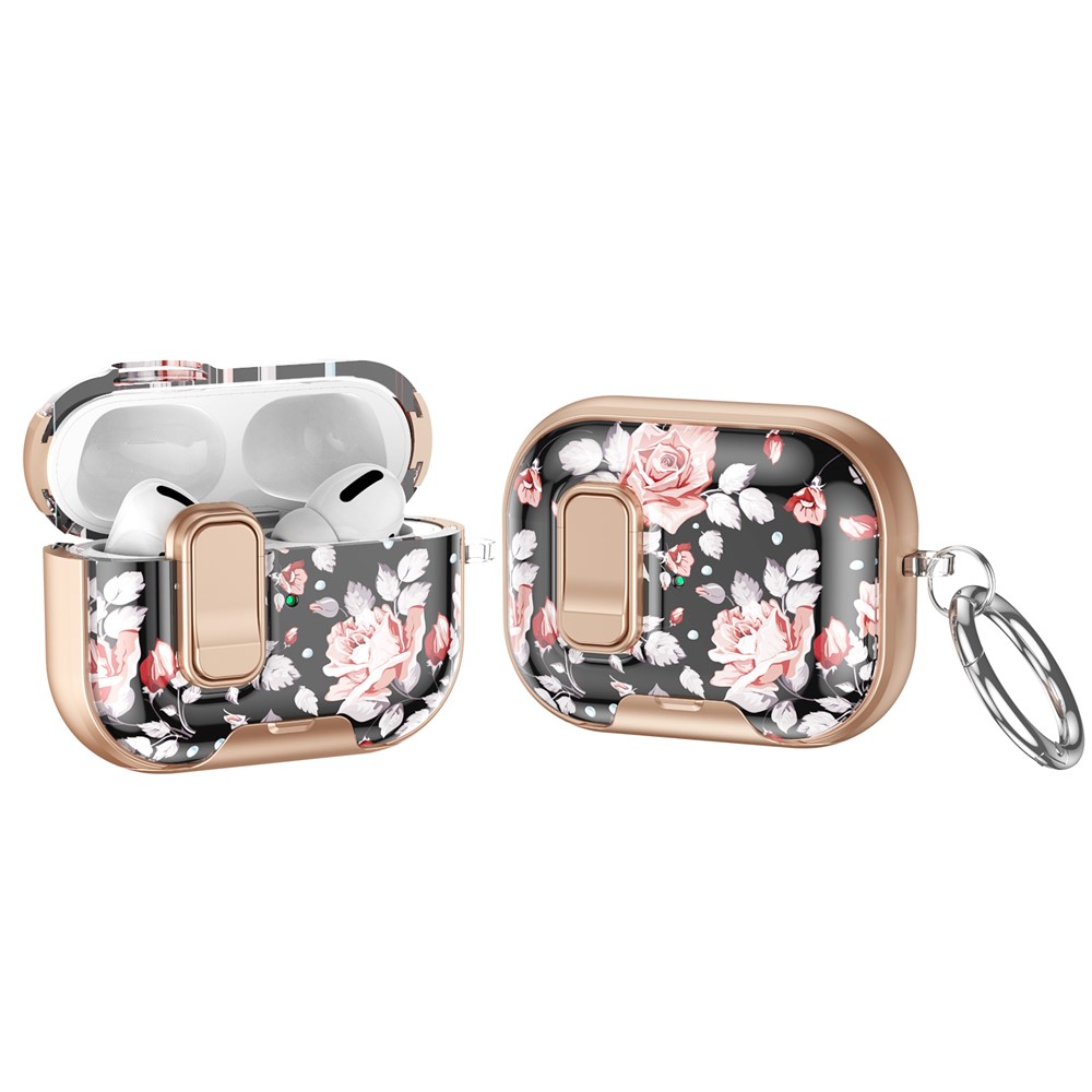 For AirPods Pro 2 Case Phone Stand Lock Design Patttern Print TPU PC Earphone Cover with Metal Carabiner - Black Rose