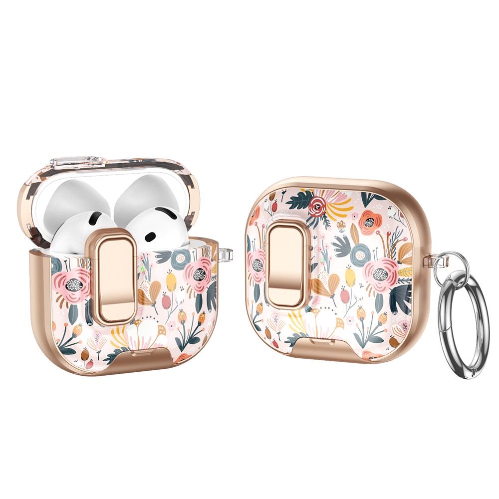 For AirPods 4 with ANC Case Phone Stand Lock Design Patttern Print TPU PC Earphone Cover with Metal Carabiner - Colorful Flowers