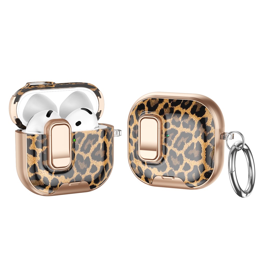 For AirPods 4 with ANC Case Phone Stand Lock Design Patttern Print TPU PC Earphone Cover with Metal Carabiner - Leopard Print